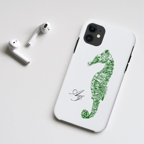 Double initials green coastal watercolor seahorse iPhone 11 case