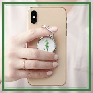 Double initials green coastal watercolor seahorse phone ring stand