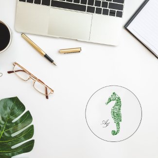 Double initials green coastal watercolor seahorse wireless charger 