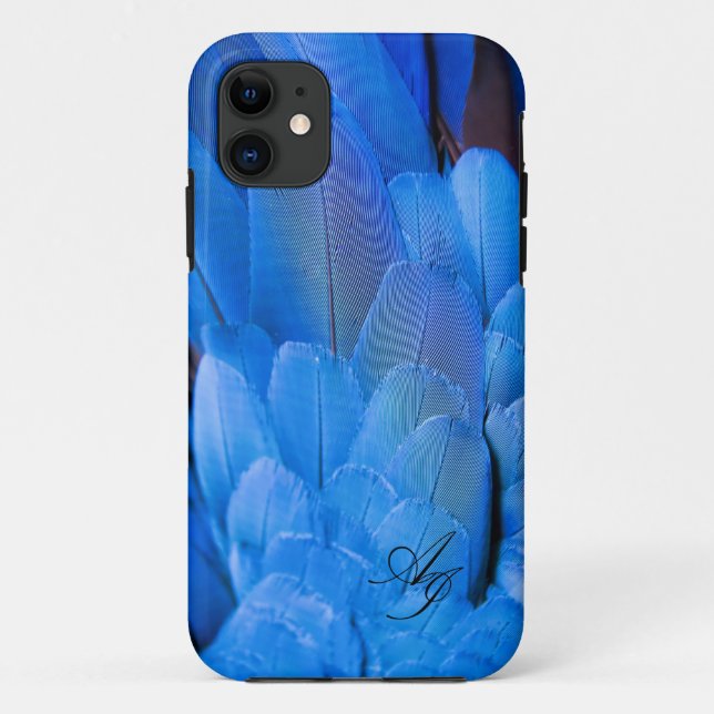 Double initials monogrammed blue feather wing bird Case-Mate iPhone case (Back)