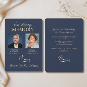Double Joint Funeral Photo Memorial  Blue Gold  Invitation