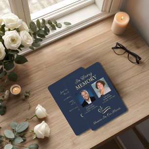 Double Joint Funeral Photo Memorial Blue Gold Invitation