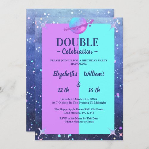 Double  Joint twin space birthday   Boy Girl Invitation