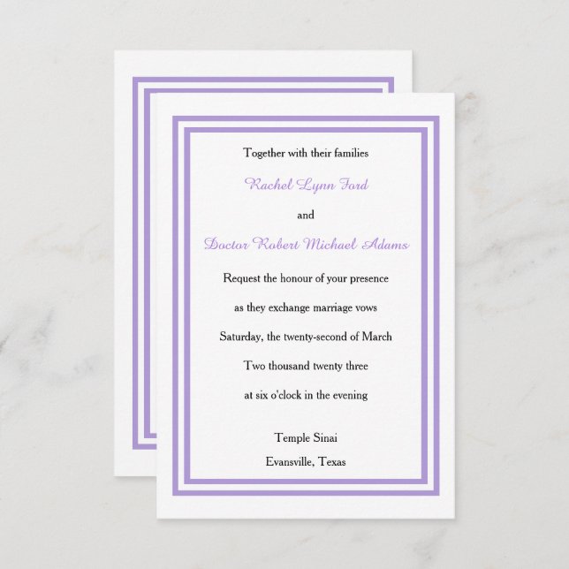 Double Lavender Trim - 3x5 Wedding Invitation (Front/Back)