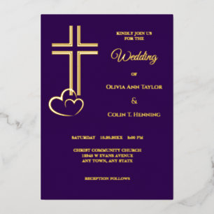 Double Line Cross Hearts on Purple Wedding Foil Invitation