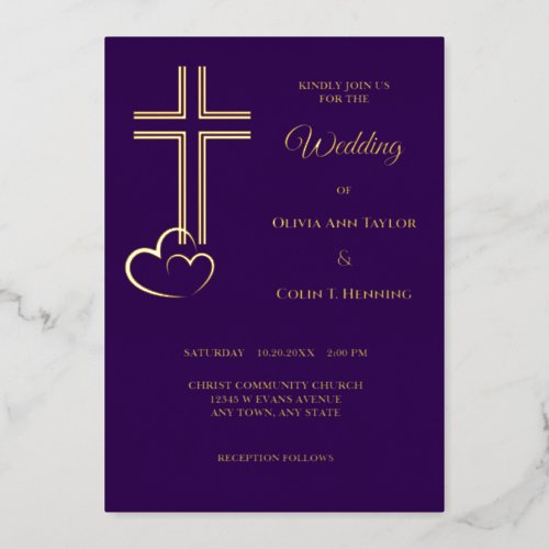 Double Line Cross Hearts on Purple Wedding Foil Invitation