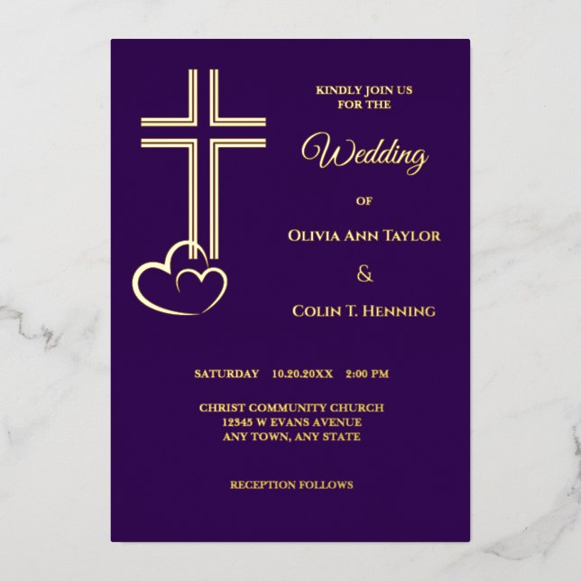 Double Line Cross Hearts on Purple Wedding Foil Invitation (Front)
