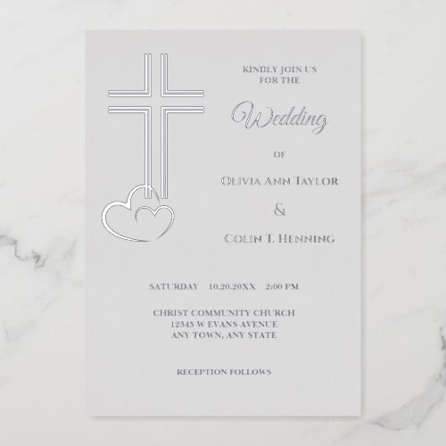 Double Line Cross Hearts on Silver Wedding Foil Invitation