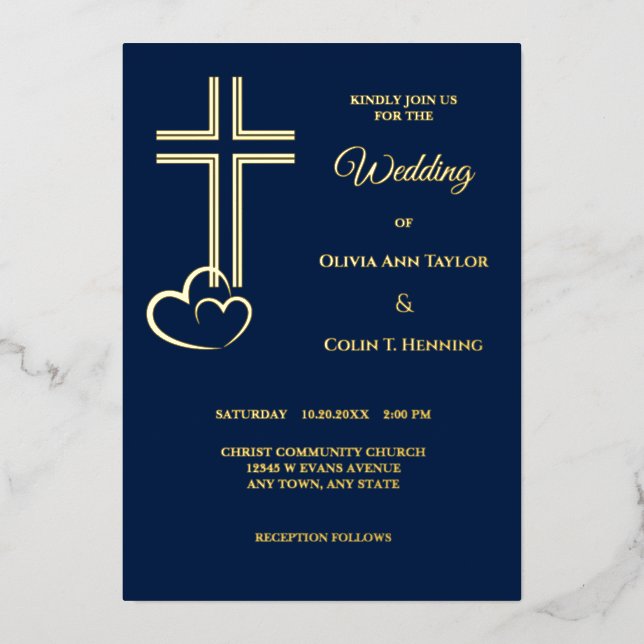 Double Line Cross Hearts Wedding Foil Invitation (Front)