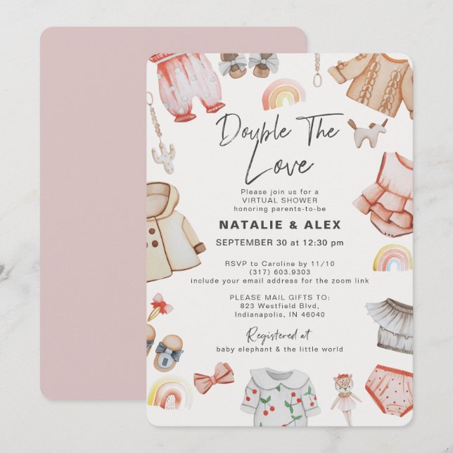 Double Love Girl Twins Pink Virtual Baby Shower Invitation (Front/Back)