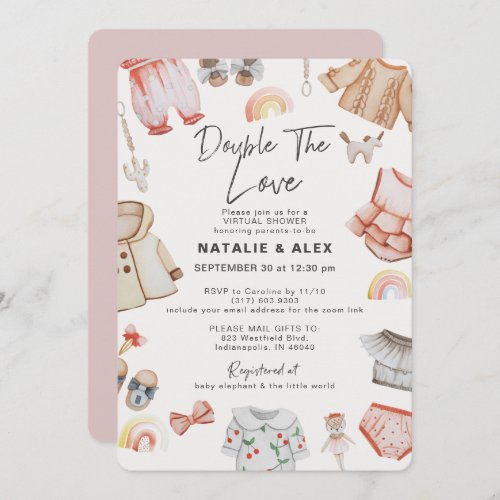Double Love Girl Twins Pink Virtual Baby Shower Invitation