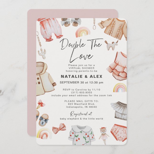 Double Love Girl Twins Pink Virtual Baby Shower Invitation (Front/Back)