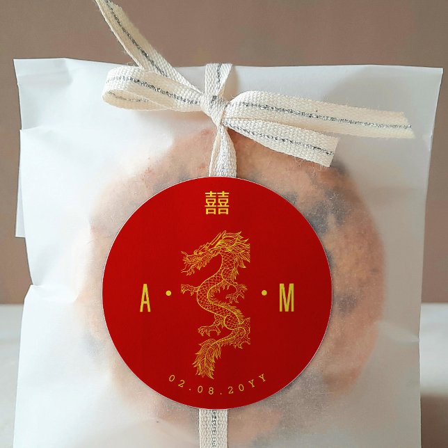Double Monogram | Dragon & Phoenix Wedding  Classic Round Sticker (Creator Uploaded)