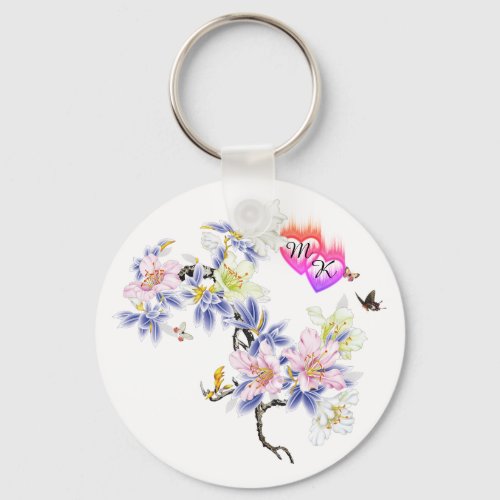 Double Monogram Flaming Hearts with Flowers Keychain
