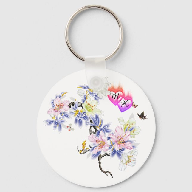 Double Monogram Flaming Hearts with Flowers Keychain (Front)
