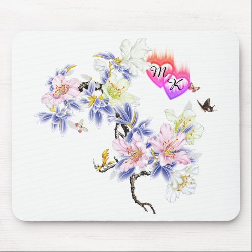 Double Monogram Flaming Hearts with Flowers Mouse Pad