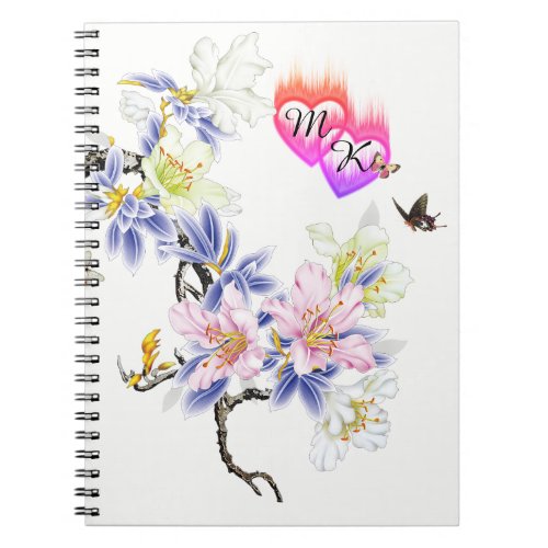 Double Monogram Flaming Hearts with Flowers Notebook