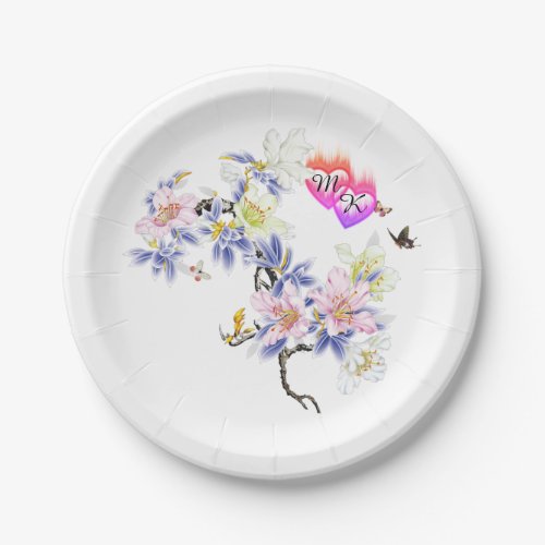 Double Monogram Flaming Hearts with Flowers Paper Plates