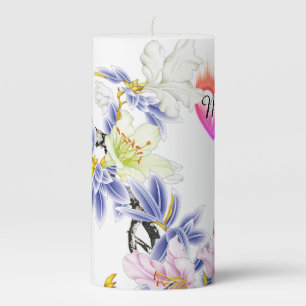 Double Monogram Flaming Hearts with Flowers Pillar Candle