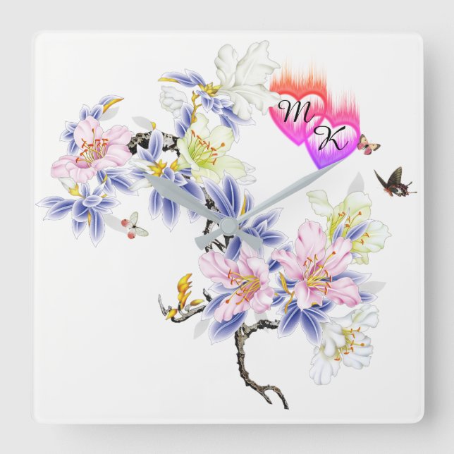 Double Monogram Flaming Hearts with Flowers Square Wall Clock (Front)