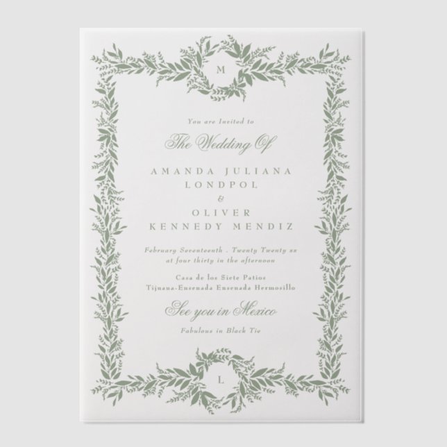 double monogram sage green leafy frame wedding vellum invitations (Front)