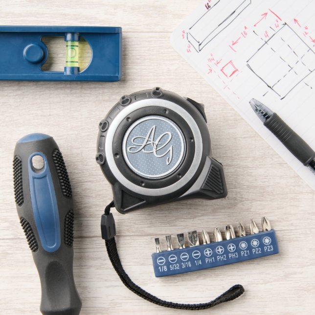 Double Monogram with Polka Dots on Blue Stripes Tape Measure (Workshop)