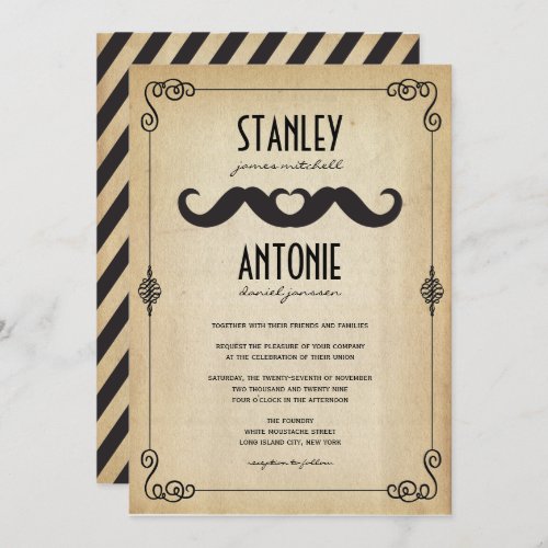 Double Mustaches Love Vintage Paper Gay Wedding Invitation