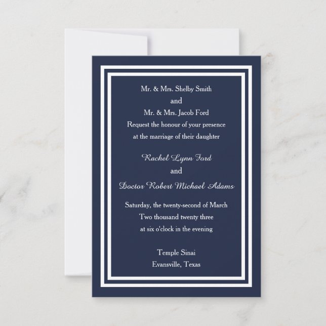 Double Navy Trim -3x5 Wedding Invitation (Front)