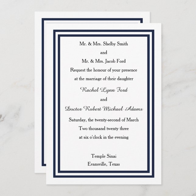 Double Navy Trim -  Wedding Invitation (Front/Back)
