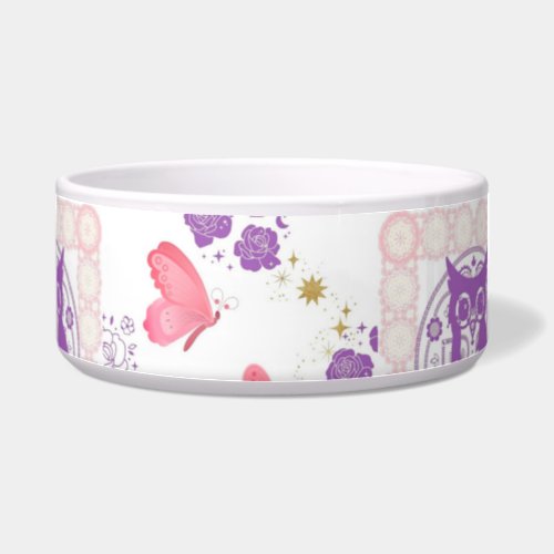 Double Owl and Butterflies Ceramic Dog or Cat Bowl