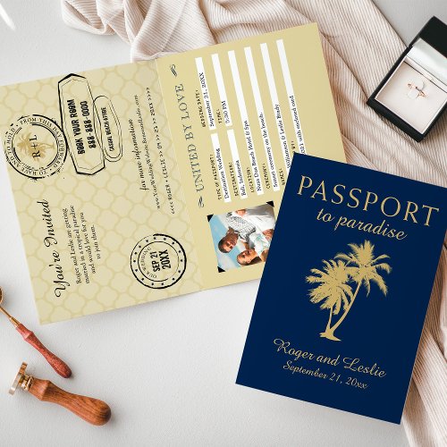 Double Palm Tree Blue Gold Wedding Passport Invitation