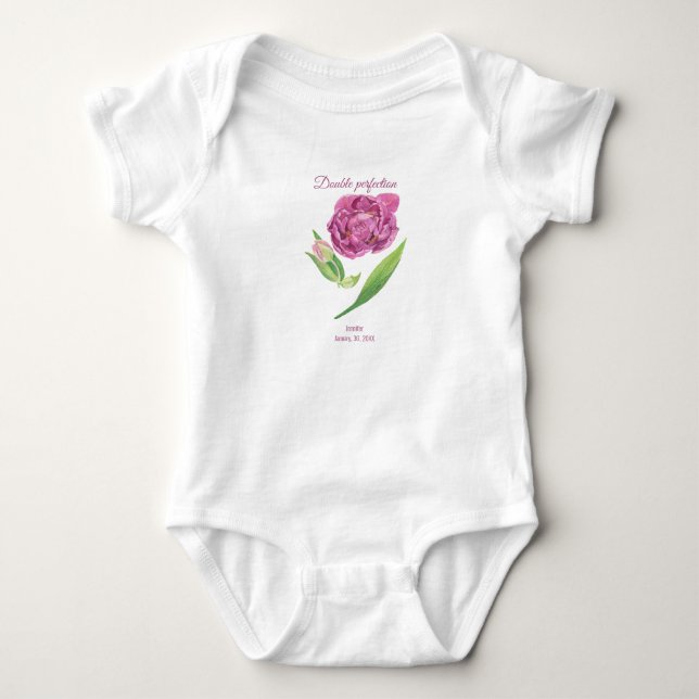 Double perfection lilac-magenta tulip name date  baby bodysuit (Front)