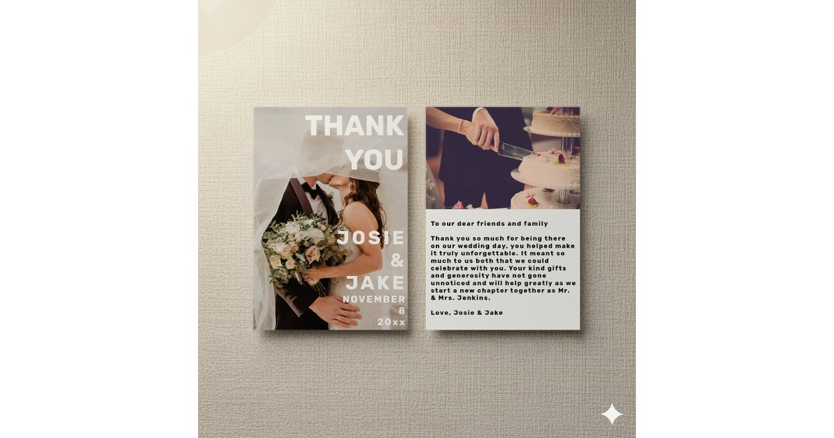 Double photo big and bold wedding thank you card | Zazzle