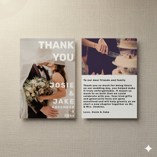 Double photo big and bold wedding thank you card (Double photo big and bold wedding thank you card with 2 photos and message.)