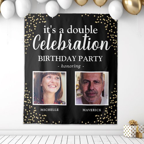 Double Photo Black Gold Birthday Banner Tapestry