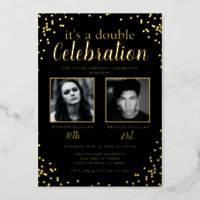 Double Photo Black Gold Birthday Foil Invitation