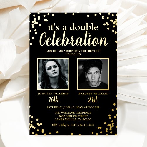 Double Photo Black Gold Birthday Foil Invitation