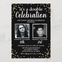 Double Photo Black Gold Birthday Invitation