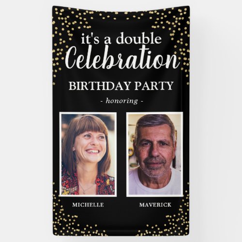 Double Photo Black Gold Birthday Party Banner