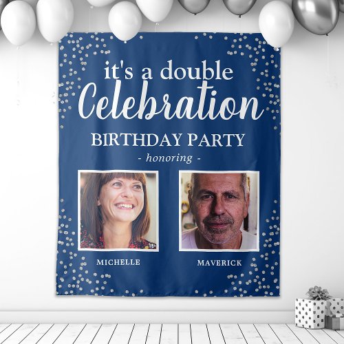 Double Photo Blue Silver Birthday Banner Tapestry