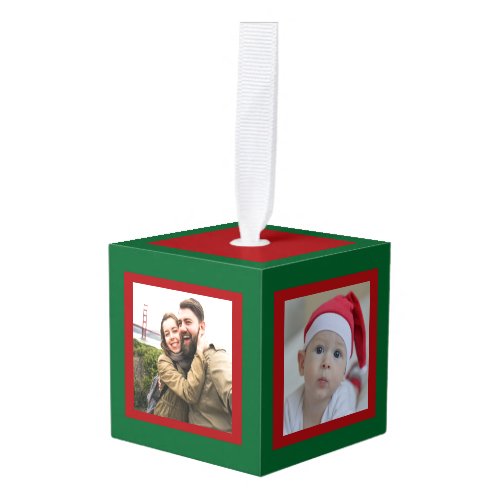 Double Photo Christmas Cube Red and Green Cube Ornament