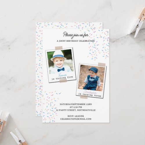 Double Photo Joint Birthday Party Gender Sprinkles Invitation