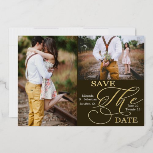 Double Photo Minimalist Typography Save The Date Foil Invitation