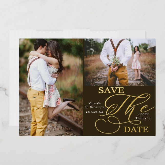 Double Photo Minimalist Typography Save The Date Foil Invitation (Envelope)