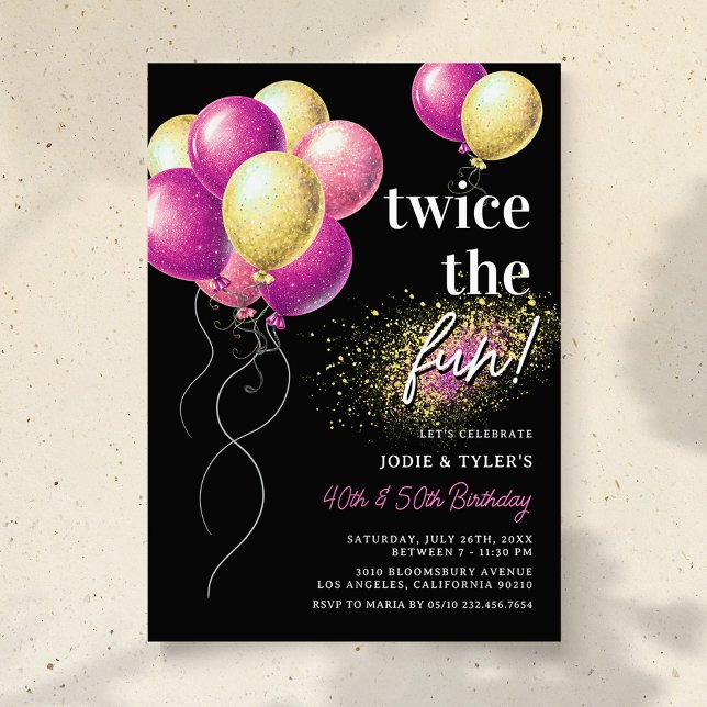 Double Pink and Gold Balloon Joint Birthday Invitation (Creator Uploaded)