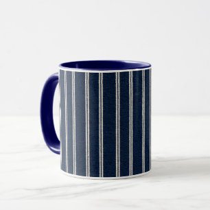 Double Pinstripes Navy Blue Ivory Weave Look Mug