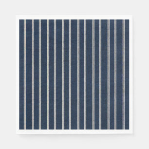 Double Pinstripes Navy Blue Ivory Weave Look Napkins