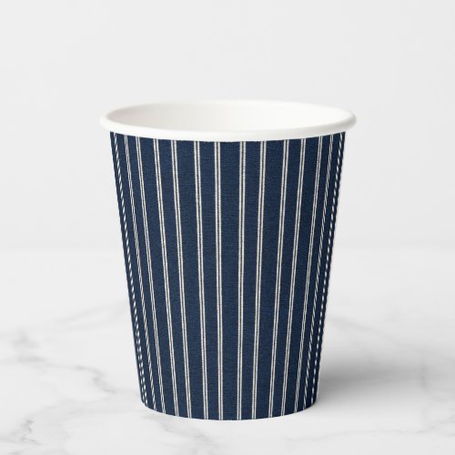 Double Pinstripes Navy Blue Ivory Weave Look Paper Cups