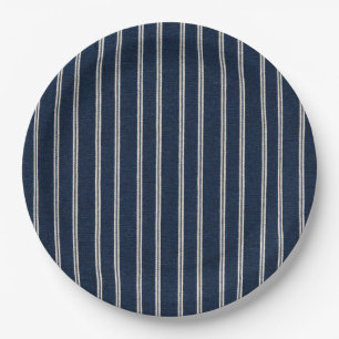 Double Pinstripes Navy Blue Ivory Weave Look Paper Plates