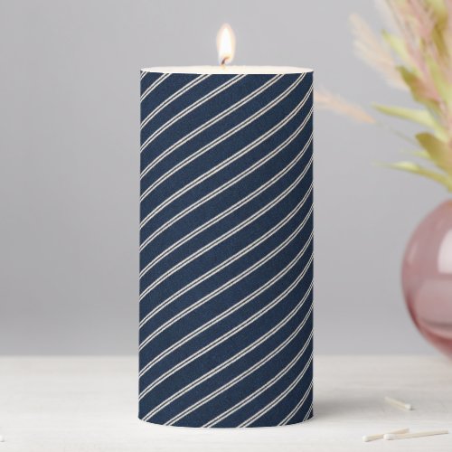 Double Pinstripes Navy Blue Ivory Weave Look Pillar Candle